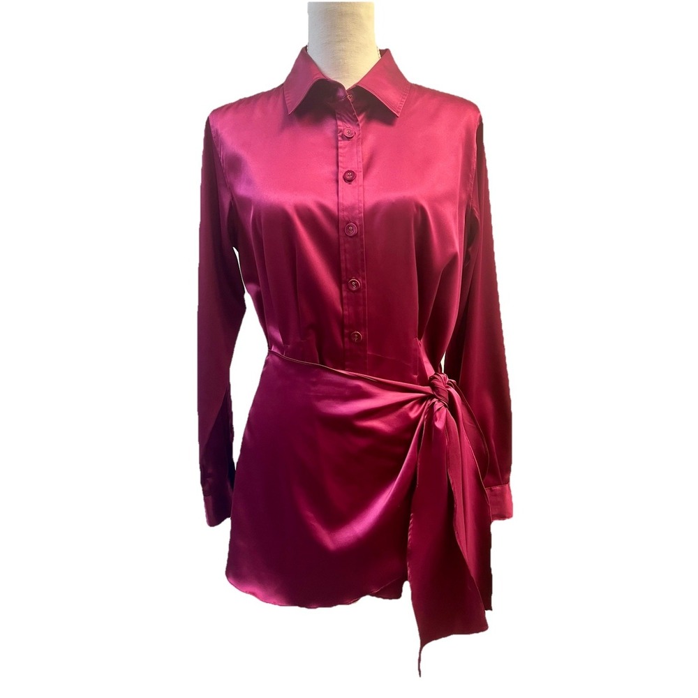 Newport News 10 Magenta Satin Wrap Blouse Shiny Feminine Y2K Sophisticated Boho